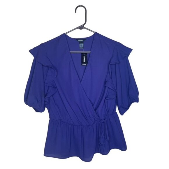 EXPRESS Faux Wrap Puff Sleeve Peplum Top, Size Medium - NWT - Picture 3 of 7
